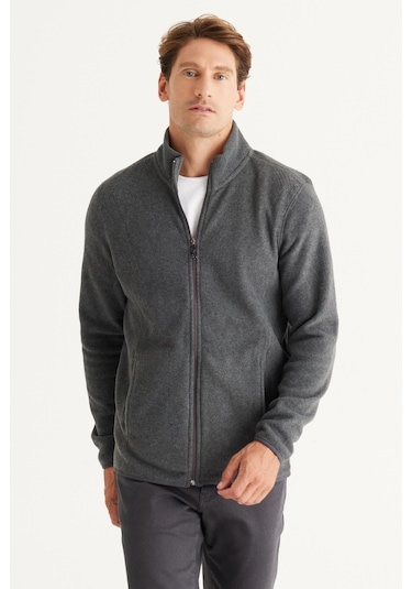 AC&Co / Altınyıldız Classics Standart Fit Fermuarlı Bato Yaka Polar Erkek Ceket Antrasit