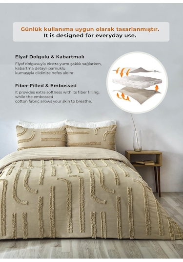Pamuklu Sasha Kabartmalı Yatak Örtüsü Takımı Günlük Çift Kişilik Boho 3 Parça Elyaf Dolgulu Bej