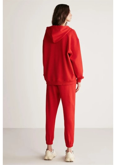 Ametıs Kadın Oversize Organik Pamuklu Metal Fermuarlı Kapüşonlu Kırmızı Sweatshirt