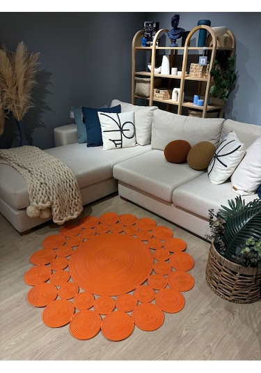 Mavaux Turuncu Hasır Jüt Çiçek Desenli Kilim Halı Turuncu