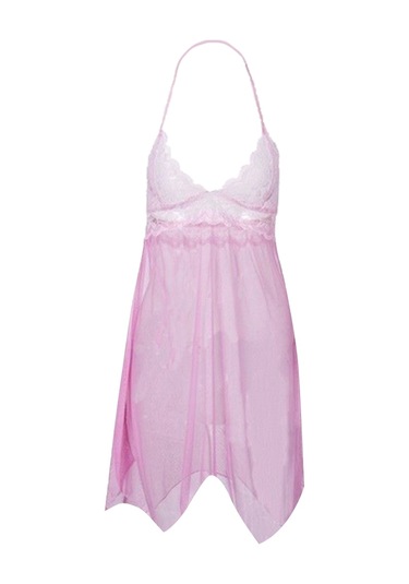 Suntek Bayan Dantel V Yaka Gecelik İç Giyim Pijama Pembe Pembe