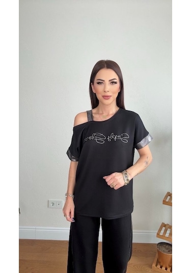 Kadın Kristal Kumaş Omuz Dekolteli Siyah Takım Siyah