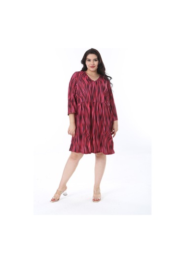 Kadın Büyük Beden Renkli V Yakalı Belden Büzgülü Kapri Kol Elbise 65n38200-renkli Çok Renkli