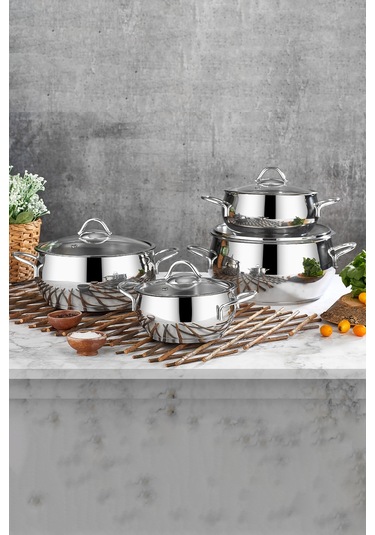 Polochef Pro Line 18/10 Paslanmaz Çelik Kulplu Derin Tencere Seti Çorba Tencere Seti 8 Parça 18-20-22-24cm Gümüş