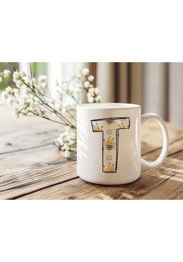 T Harfi Arı Desenli Kupa - Sevimli Hayvan Temalı Kişiye Özel Kahve Kupası - Şans Kupası Beyaz