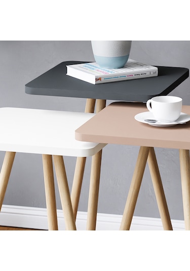 Ahşap Ayaklı Renkli Kare Tasarım 3'lü Zigon Sehpa Çok Renkli - Pastel Renkler