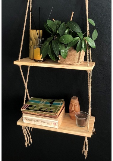 O&Awood 2 Katlı Ahşap Çiçeklik, Halatlı Doğal Ahşap Dekoratif Duvar Rafı,
