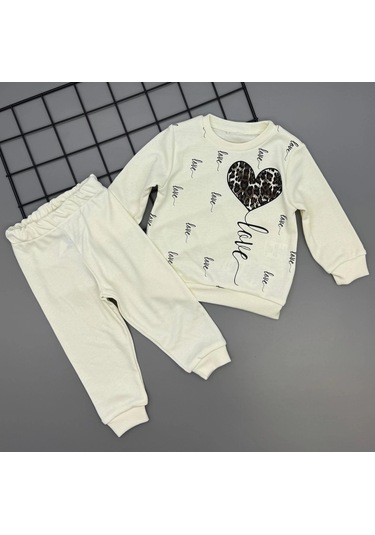 Kız Çocuk Leopar Desenli Kalp Baskılı Alt Üst İkili Gündelik Takım 1-4 Yaş Ekru