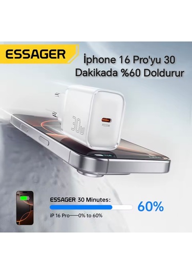 Essager 30 Hızlı Şarj Başlık Type-c Giriş Ce Lisanslı Akım Koruma