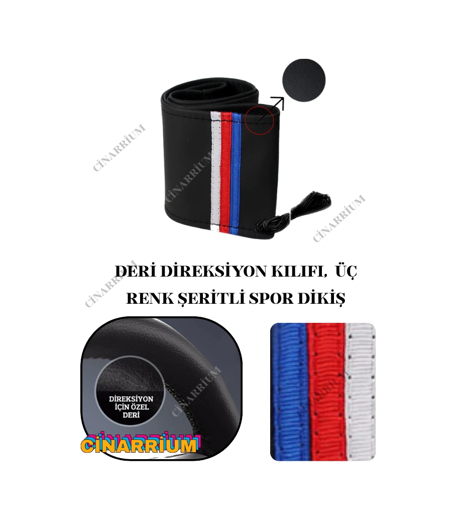 Fiat Albea Yerli Üretim Suni Deri Direksiyon Kılıfı, Üç Renk Şeritli Spor Dikiş Çok Renkli