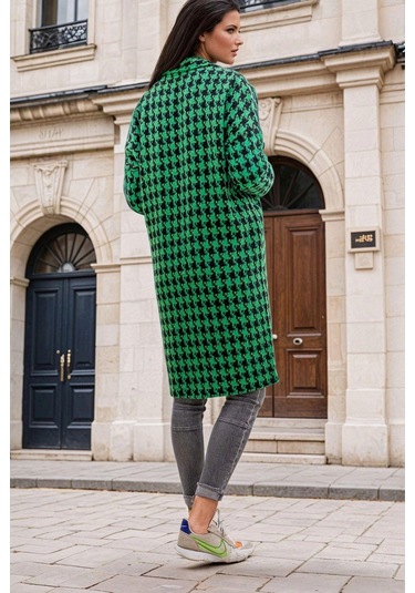 Yeşilkaz Ayağı Desenli, Cep Detaylı, Uzun Kaban Yeşil