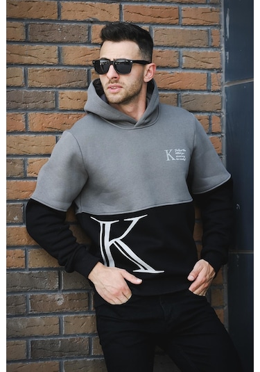 Oksit Kewin Üç İplik Şardonlu Baskılı Çift Renk Parçalı Kapüşonlu Erkek Sweatshirt 001