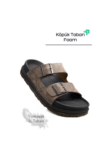 2161 Çift Tokalı Tam Anatomik Tabanlı Günlük,umre Ve Hac İçin Uyumlu Erkek Terlik Kahverengi