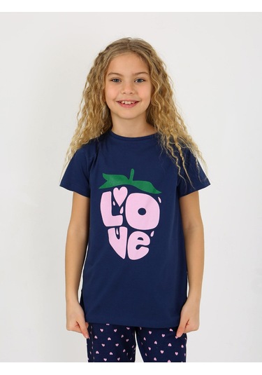 Kız Çocuk Kısa Kollu %100 Pamuklu Pijama Takımı Cute Love Lacivert