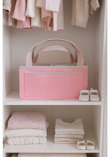 Anne Bebek Kalın Keçe Bakım Çantası Yenidoğan Için Organizer Düzenleyici Çok Amaçlı Pembe Yeşil Overlok Detay