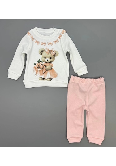 Kız Bebek Ayıcık Baskılı Çıt Çıtlı Alt Üst İkili Gündelik Takım Pudra
