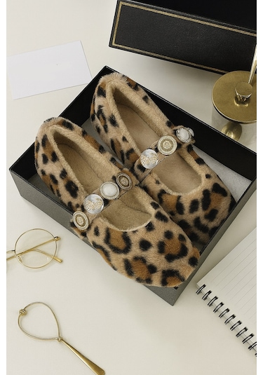 Zera Home Kadın Ev Babeti Kışlık İçi Yünlü Ev Ayakkabısı Panduf Leopar