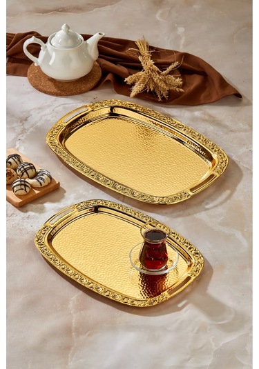 Cooker 2'li Paslanmaz Çelik Sunum Servis Tepsisi 40x70 Cm Sarı