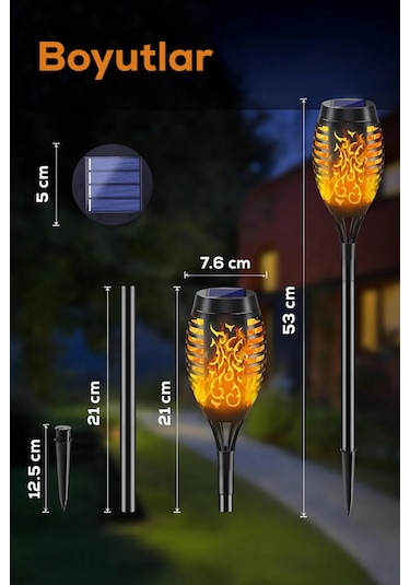 4 Adet Alev Efektli Meşale Solar Led Güneş Enerjili Bahçe Lambası Aydınlatması Armatür 50 Cm 1