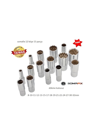 Somafix1/2 Lokma Takımı 12 Köşe Derin Lokma Dökme 15 Parça