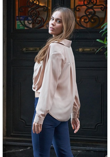 Yakalı Önü Pileli Uzun Kol Likrasız Şık Kumaş Gömlek-Kum Beji Kum Beji