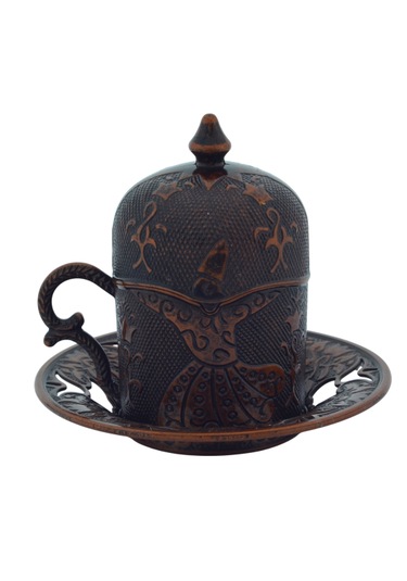 Semazen 6 Kişilik Porselenli Kapaklı Bakır Renkli 24 Parça Fincan Seti Bakır