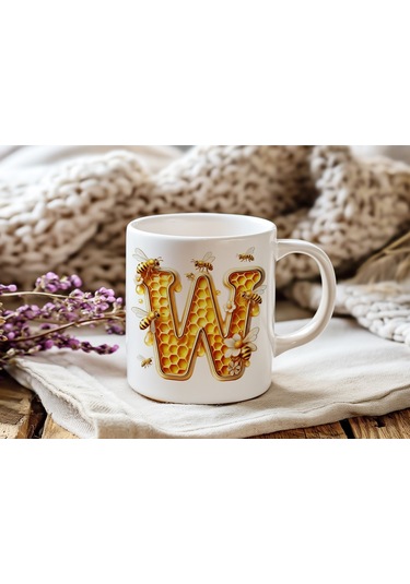 W Harfi Bal Arısı Tasarım Kupa Bardak - Bal Ve Petek Desenli Kişiye Özel Kahve Kupası - Hediyelik Beyaz
