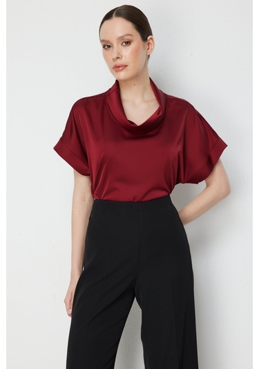 On Kadın Degaje Yaka Kısa Kollu Bluz 74434 Bordo
