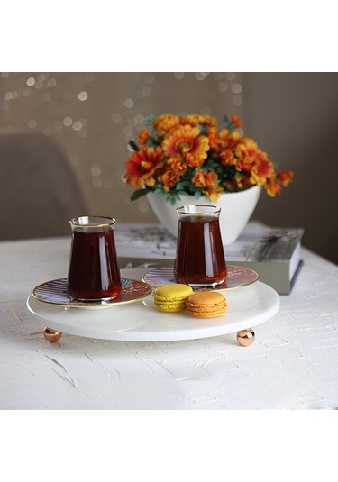 Akayev Mermer Beyaz 30 CM Rose Gold Boncuk Ayaklı Yuvarlak Sunuml