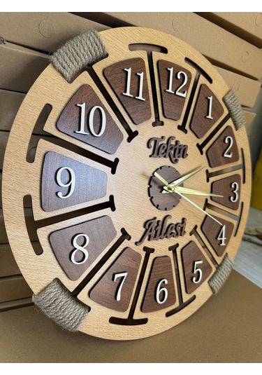 İsime Özel Ahşap Dekoratif Halatlı Duvar Saati Kahverengi