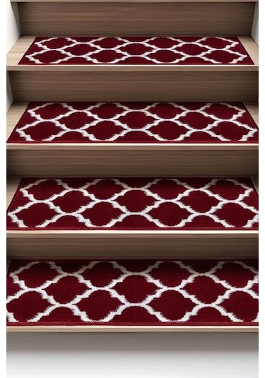 Dikdörtgen Dokuma Merdiven Halısı Kendinden Yapışkanlı Bordo Beyaz