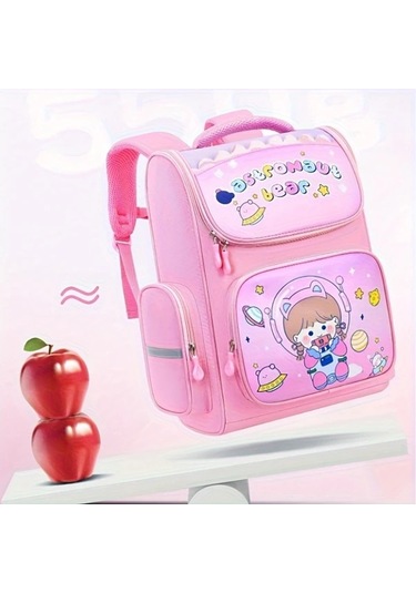 Honeybeeshop Pembe Küçük Ayarlanabilir Askılı Hafif Büyük Kapasiteli Öğrenci Sırt Çantası Tül Detaylı Poliester Fermuar Kapanışlı İlkokul Okul Çantası Eğlenceli Karikatür Tasarımı Pembe