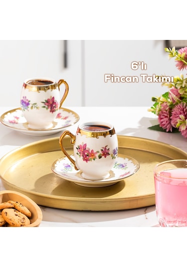 Porsima 3189 Aurora 12 Parça Yaldızlı Porselen Türk Kahve Fincan Takımı Çok Renkli