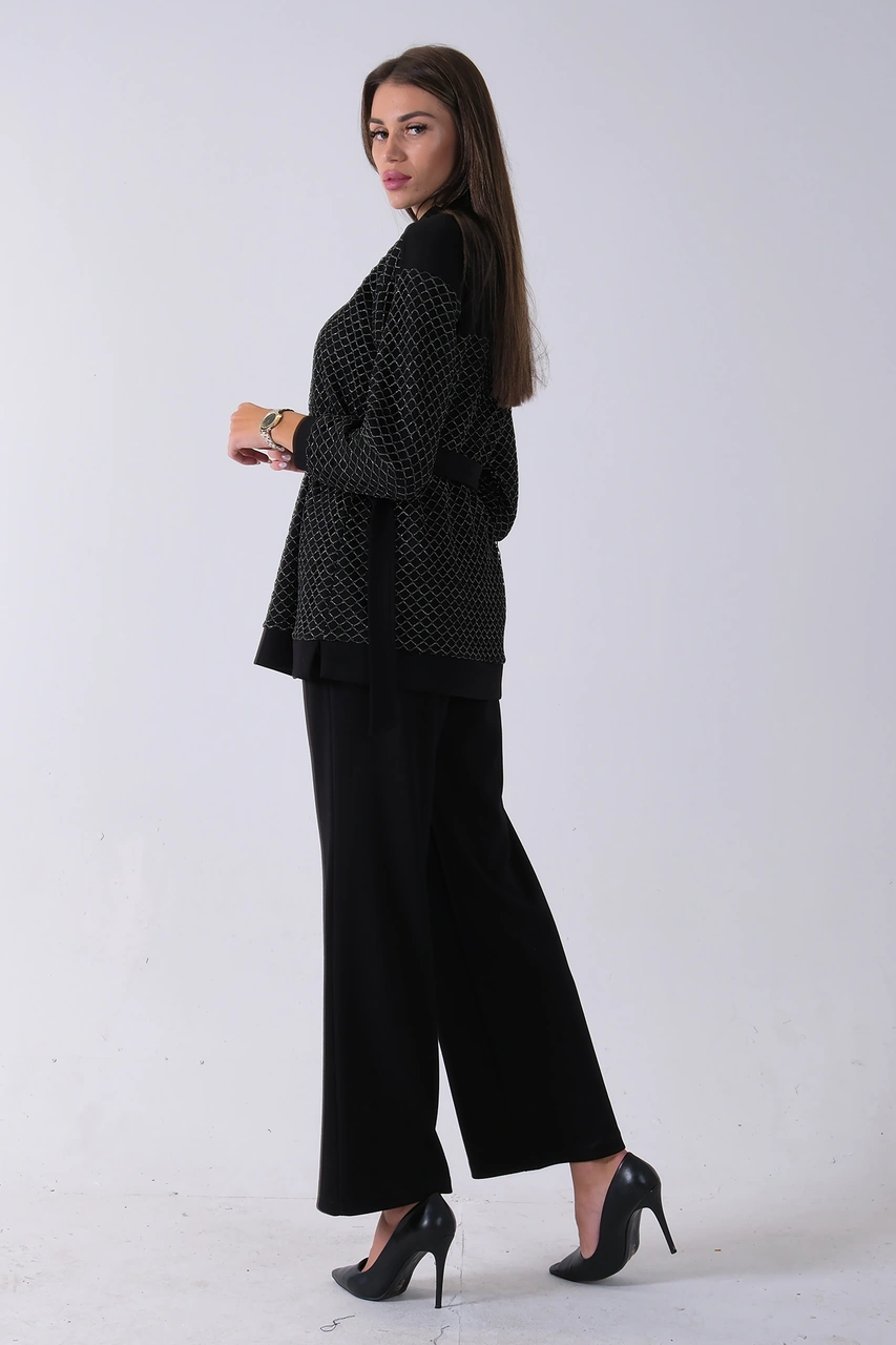 Feminist Siyah Tunik Yaka Fermuar Kapamalı File Detaylı Pantolonlu Takım 4577283.01 Siyah