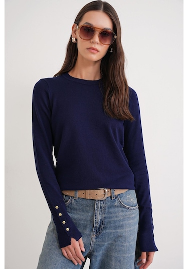 6736 Kadın Bisiklet Yaka Kolu Droplu Triko Kazak Lacivert Lacivert