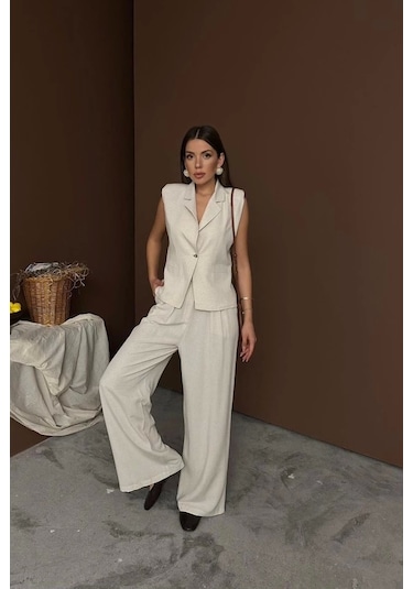 Bej Keten Yelek Pantolon Takım Bej