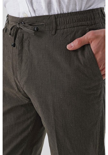 Koyu Vizon Çizgili Armürlü % 100 Pamuk Yan Cep Slim Fit Dar Kesim Casual Pantolon 1003230159-koyu Vizon Koyu Vizon
