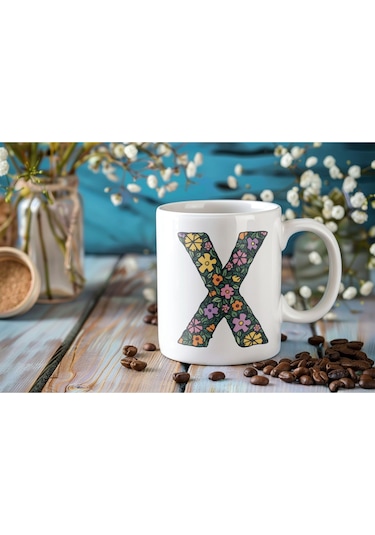 X Baş Harf Çiçek Desenleri İle Natural Tarz Kupa Bardak - Kişiye Özel Çiçekli Kahve Çay Bardak - Beyaz