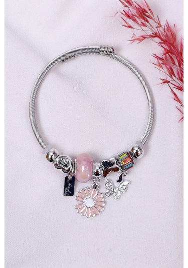 Bhs Life Kadın Charmlı Kelebek Papatya  Çelik Bileklik Rose Gold