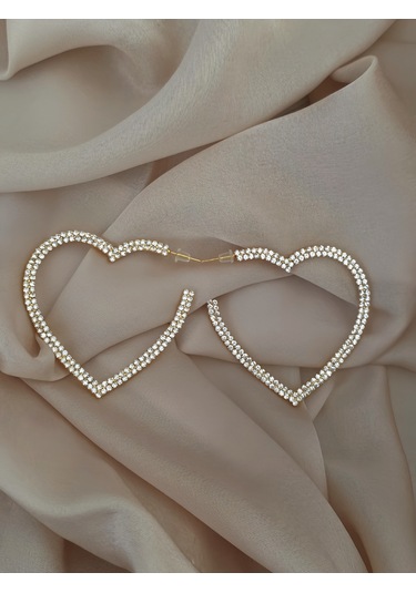 Büyük Kalp Model Beyoğlu Taşlı Abiye Gold Renk Küpe Altın