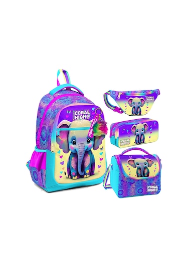 Coral High Pembe Turkuaz Fil Desenli Kız Çocuk Okul Beslenme Kalemlik Ve Bel Çantası Seti - İlkokul İçin Uygun