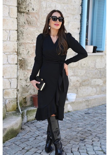 Hazego Krep Kumaş Midi Boy Kuşaklı Uzunkol Elbise 113 Cm Siyah