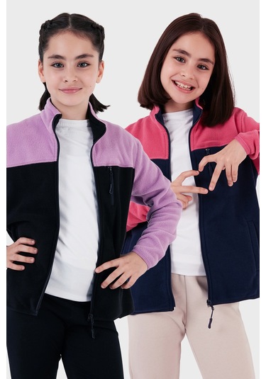 Lela Yumuşak Dokulu Fermuarlı Renk Bloklu Dik Yaka Cepli 2'Li Paket Hırka Çocuk Polar 5905001S2 Fuşya Lacivert-Lila Siyah