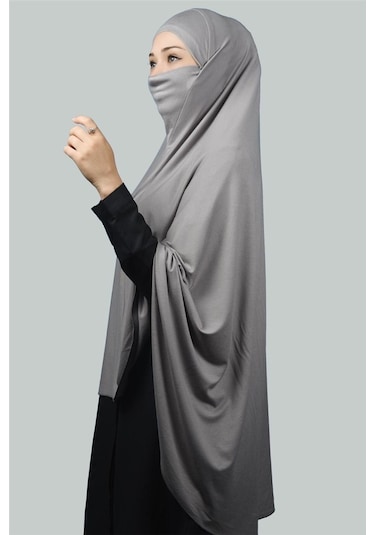 Altobeh Hazır Türban Peçeli Pratik Eşarp Tesettür Nikaplı Hijab - Namaz Örtüsü Sufle (5XL) - Gri