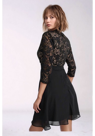 Kadın Tül Yaka Detaylı Truvakor Kol Şık Rahat Kalıp Büyük Beden Curve Abiye Gece Elbisesi Siyah