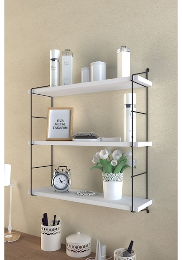 Eva Metal Tasarim Modern Büyük Boy 3 Katlı Duvar Rafı Beyaz