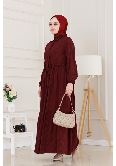 Gömlek Yaka Beli Tünelli Sare Elbise-bordo-5067 Bordo