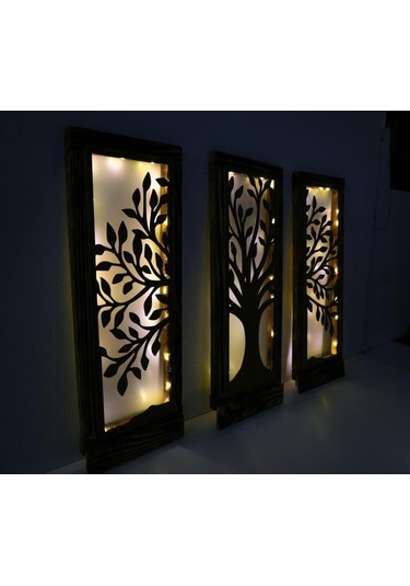 Işıklı Ahşap Çerçeveli 3 Lü Ağaç Motifli Duvar Dekor Seti