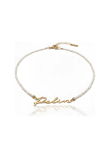 Yeni Trend Yatay İncili İsim Kolye - Rose Rose Gold