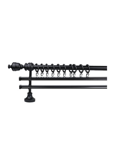 Siyah Efil Demonte Başlıklı Ahşap Rustik Perde Askısı - Çift Raylı - 225 Cm